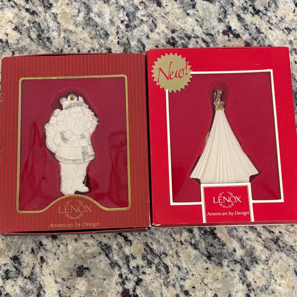 Lenox White Porcelain Santa and Christmas Tree Ornaments